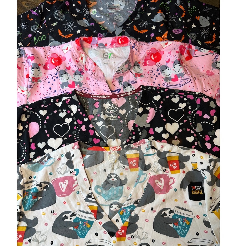 Lot of 4 Women XL Scrub Tops Halloween Valentine Sloth Heart Scrubaid GT Divine